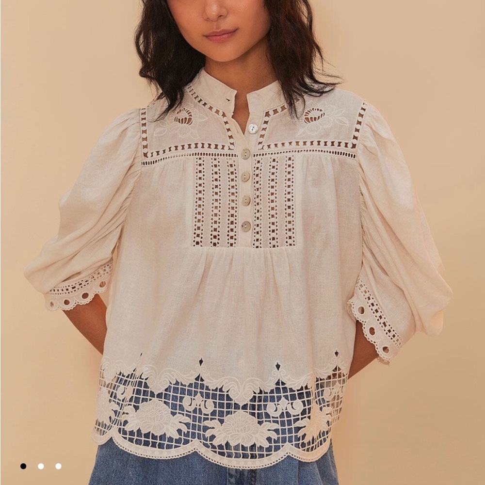 FARM Rio Romantic Richelieu Puffed Sleeve Blouse - Picture 2 of 16
